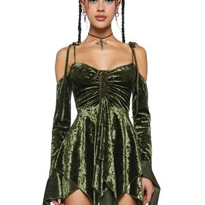 Dolls Kill - XL “F IS FOR FAIRIES HANDKERCHIEF DRESS” - OLIVE VELVET